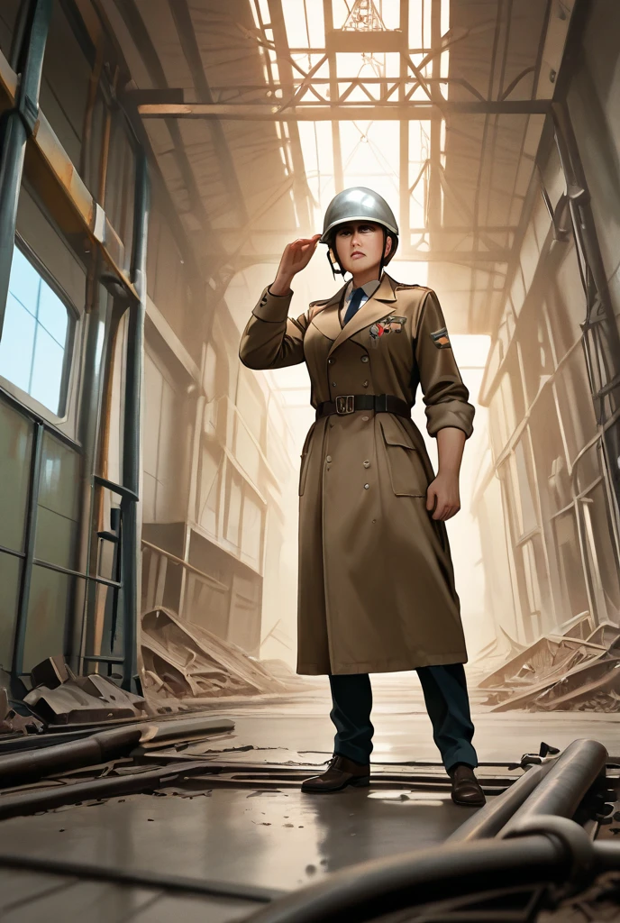 modelshoot style, (extremely detailed CG unity 8k wallpaper, hasselblad award winner), beautiful detailed portrait of a young blonde female, beautiful sports girl in the militia uniform of the Soviet Union, serious look, cinematic lighting, ambient soft lighting, dramatic lighting, diffused soft lighting, aviator style, (detailed background with red flags of the soviet union:1.2), futuristic, imperial style, elite, rich, highly detailed, intricate, sexy uniform, hot body, small breasts, with a long blonde tail and a long brown fur leather coat, artstation, cgsociety art, DeviantArt trending, 8k HD, masterpiece, high quality, sharp focus, digital art by Artgerm and Greg Rutkowski and Alphonse Mucha, professional majestic oil painting by Ed Blinkey, Atey Ghailan, Studio Ghibli, by Jeremy Mann, Greg Manchess, Antonio Moro, trending on ArtStation, trending on CGSociety, Intricate, High Detail, Sharp focus, dramatic, photorealistic painting art by midjourney and greg rutkowski
