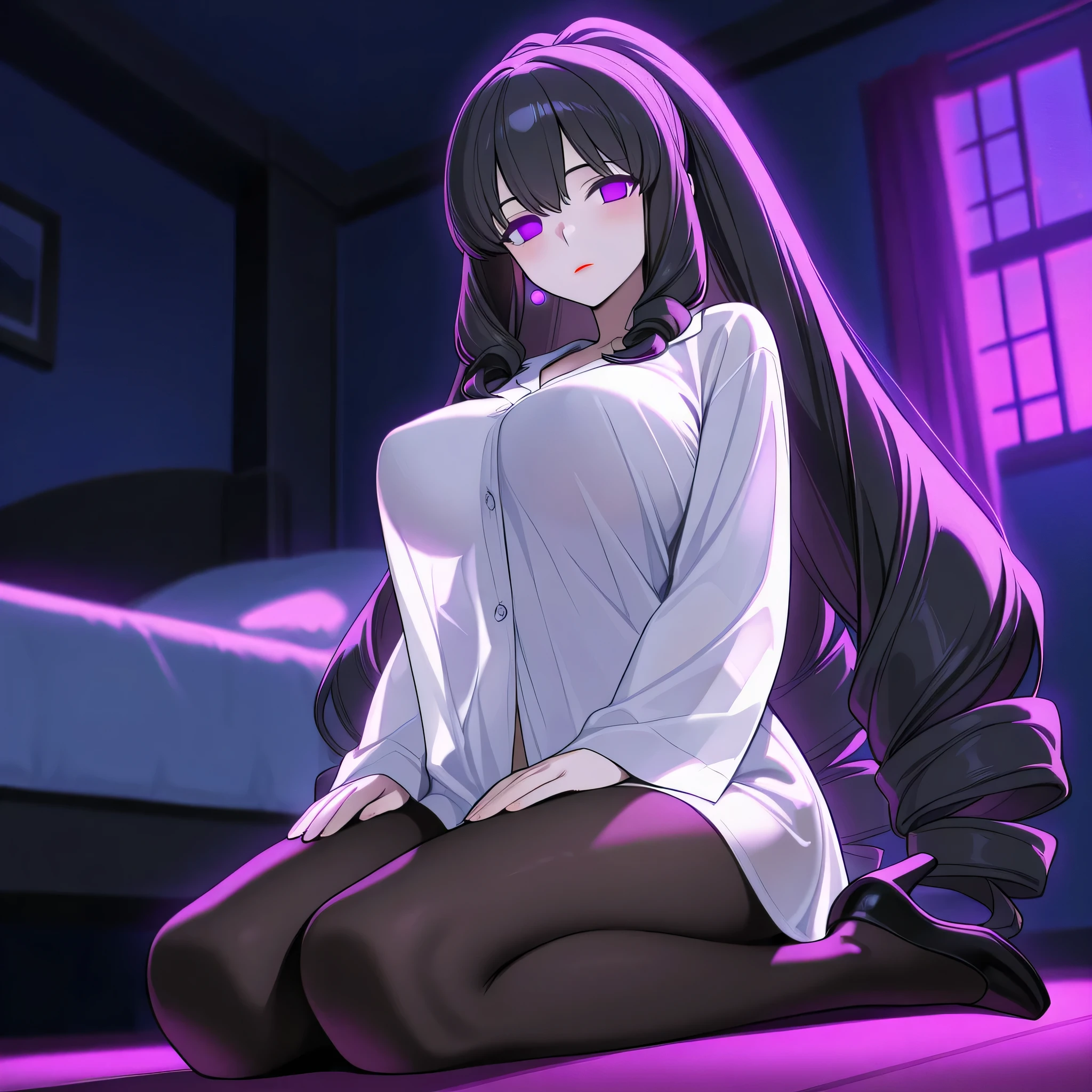 score_9, score_8_up, score_7_up, 1girl, solo, (top quality, 8k), high resolution, smooth, best quality, highly detailed, looking at viewer, bedroom at night, (dark room), ((from below)), huge breasts, see-through silhouette, covered breasts, glowing hypnotic waves in the background, at night, ((perfect hands)), beautiful hands, ((slim fingers)), expressionless, masterpiece, high quality, absurd resolution, beautiful hands, blush, hypnotic eyes, glowing purple eyes, empty eyes, long white shirt, pajama shirt, naked shirt, boob tent, taut clothing, black pantyhose, kneeling on floor with legs together, perky breasts, high heels, being hypnotized, full body shot, v_arms, hands on knees, seiza, jewelry, earrings, Maya Yotsuba, black hair, drill hair, red lips, very long hair, schoolgirl cosplay, very thin legs, long legs