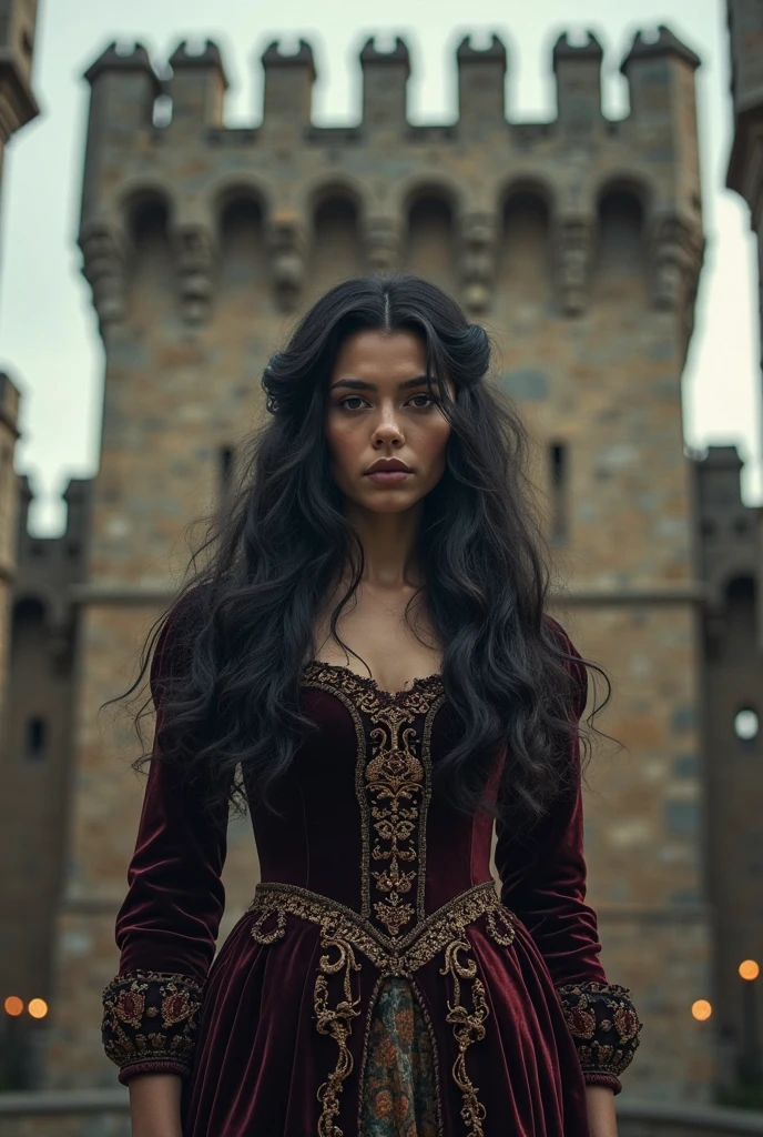 a warrior. a queen. in front of her dark castle. carrying a large arch in her hand. carrying pack of arrows on her back. wears elegant 1700s queen dark gown. long sleeves. siren eyes. hair: bride type 2a/wavy hair. bring an arrow! sharp face features.