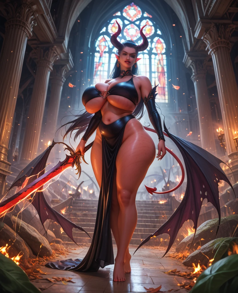 (masterpiece, top quality, best quality, official art, beautiful and aesthetic:1.2), (1girl:1.3), (black hair in big (ponytail)), extremely detailed, portrait, looking at viewer, solo, (full body:0.6), detailed background, close up, (hot medieval church theme:1.1), Tiefling, female, horns, tail, wings, long hair, tail, black hair, dragon girl, dragon horns, blood, scales, dragon wings, (((red skin), colored skin)), extremely busty Tiefling, charlatan, wicked grin, sultry smirk, forked tongue, mysterious, seducing in a cathedral, black ram horns, curled horns, curved horns, demon horns, skimpy leather (sports bra), sleeveless, fingerless gloves, claws, shotgun, ammo belt, shotgun shells, black leather, thong, thigh-high boots, bracers, boots, buckles, straps, ((((gigantic breasts, cleavage, skindentation)))), cute belly button, trim tummy, slim waist, slim hips, long legs, athletic, stained glass windows, candlelight, Medieval Europe, (Cathedral exterior:1.1) background, dark mysterious lighting, shadows, magical atmosphere, dutch angle