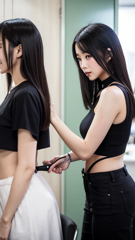close-up of beautiful North Korean female, shoulder length cut, black hair, straight hair, thick flat bangs cut, bust size 34 inches, wearing a tight red strapless tube top, wearing tight light white short legging pants, my hair being held by a male barber, then my hair was forcibly cut short by the barber vigorously, the rest of my hair scattered on the floor, sexy pose, naughty pose, at a male-only barbershop, UHD
