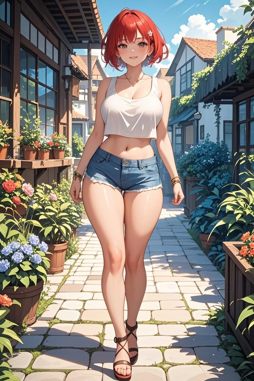 ((Highest quality, High resolution, masterpiece, detailed)),
Written boundary depth, View your audience, Anatomically correct, woman, Perfect Face, Cute and symmetrical face, Shiny skin,
(Medium Hair, Platinum Blonde Hair), Large Breasts,
The finest details, Beautiful Hair, Beautiful Face, Beautiful body, Beautiful breasts, Beautiful belly button, Waistline, Beautiful thighs, Beautiful feet,
(See-through halter top, Denim shorts, Black visible panties, Stiletto heels),
(Beautiful views), summer, Tree-lined street, (Embarrassed, blush, Part your lips), ((A pose that emphasizes the armpits and groin)),