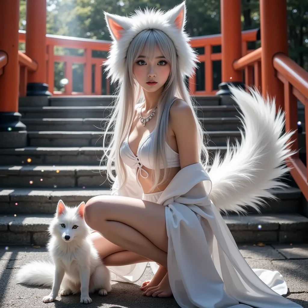 araffe dressed in a white outfit and red tail sitting in the snow, vampire white fox, a beautiful kitsune woman, white - haired fox, kitsune, white fox anime, white fox, fox nobushi, white cat girl, a beautiful fox lady, white fox ears, japanese goddess, kitsune inspired armor, kitsune three - tailed fox, deep blue eyes