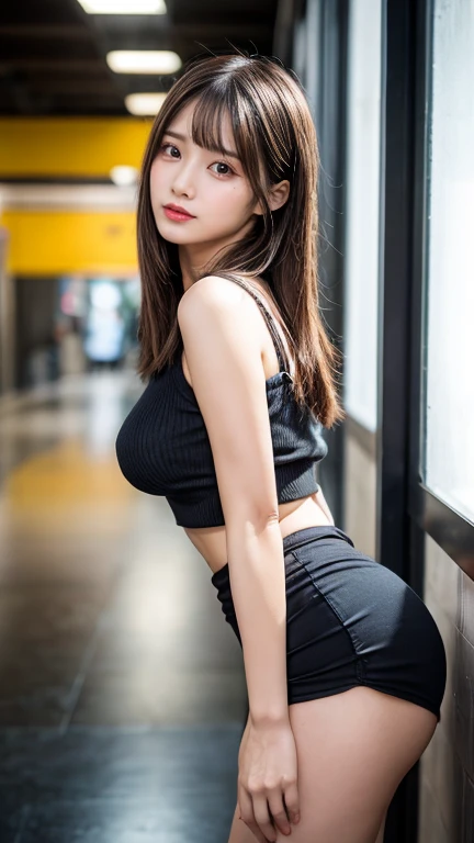 ((Realistic lighting, best qualtiy, 8K, tmasterpiece:1.3)), sharp fokus:1.2, 1girll, Beautiful Women with Perfect Figure:1.4, slim:1.1, ((dark brown hair)), (black tanktop:1.4),(exteriors,during night:1.1),the city street,Ultra-fine face,Fine eyes,二重まぶた,full bodyesbian,Superskirt