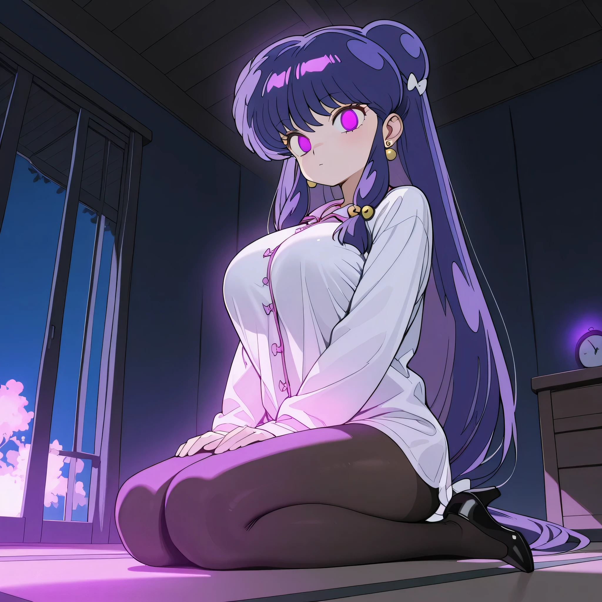 score_9, score_8_up, score_7_up, 1girl, solo, (top quality, 8k), high resolution, smooth, best quality, highly detailed, looking at viewer, bedroom at night, (dark room), ((from below)), huge breasts, covered breasts, glowing hypnotic waves in the background, at night, ((perfect hands)), beautiful hands, ((slim fingers)), expressionless, masterpiece, high quality, absurd resolution, beautiful hands, blush, hypnotic eyes, glowing purple eyes, empty eyes, long white shirt, pajama shirt, naked shirt, boob tent, taut clothing, black pantyhose, kneeling on floor with legs together, perky breasts, high heels, being hypnotized, full body shot, v_arms, hands on knees, seiza, jewelry, earrings, Shampoo, Ranma 1/2, purple hair, very long hair, schoolgirl cosplay, very thin legs, long legs