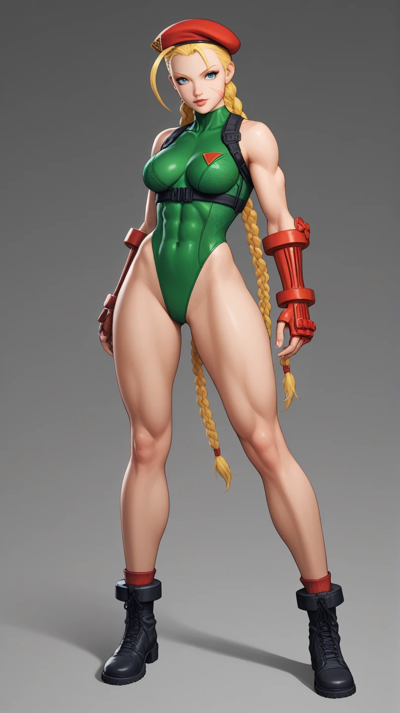 Stylized, full-body illustration of a female cally character in a dynamic pose. She has light skin and long blonde hair styled in two braids. She is wearing a red beret, red fingerless gloves, a green leotard with camouflage patterns, and black combat boots. Her facial expression is determined, with blue eyes and a slight frown. The background is plain white, making the character the focal point of the image.anime, anatomicamente correto, super detalhado, alta qualidade, 4K, anatomicamente correto, altos detalhes, superdetalhado, 4K
