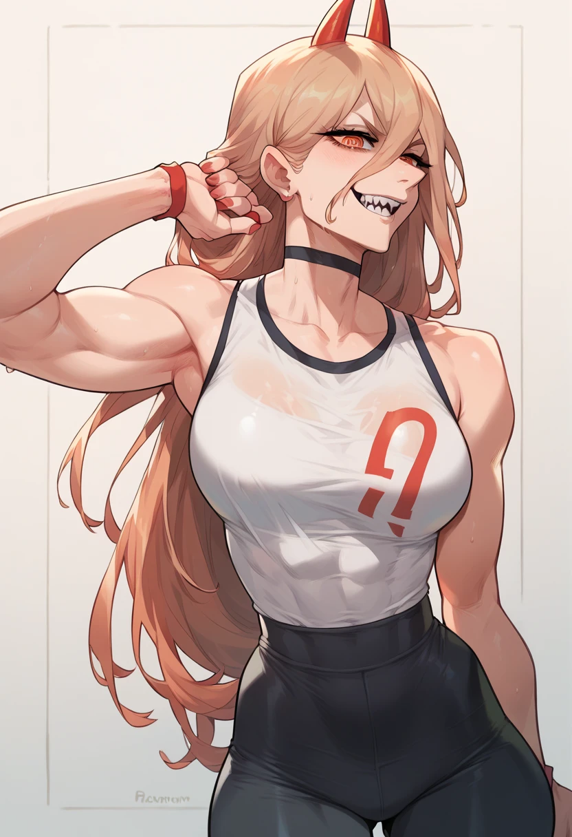 _asura style, 1girl, breasts, solo, horns, long_hair, navel, yellow_eyes, animal_ears, looking_at_viewer, large_breasts, abs, blonde_hair, white_background, cleavage, goat_ears, simple_background, midriff, goat_girl, bare_shoulders, crop_top, stomach, black_gloves, hair_between_eyes, gloves, sports_bra, bangs, collarbone, upper_body, goat_horns, underwear, closed_mouth, very_long_hair