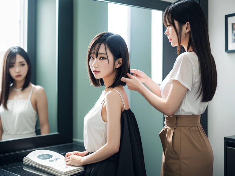 Suit, backstage at studio, talent agency manager,((full body)),((photo)),((best qualtiy, 8K, tmasterpiece:1.3)), Focus:1.2, perfect figure beautiful girl:1.4,1girl,cowboy shot,look at viewer,incredibly absurd, beautiful and cute girl with a photorealistic face, showcasing top-quality craftsmanship, A Japanese woman giving work instructions over the phone, 20 years old, shoulder-length bob cut, thick, straight black hair with bangs, shiny black hair, large eyes, round face, long eyelashes, soft smile, thin eyebrows, small nose, glossy lips, smooth skin, fair skin, fine-grained skin, tall, slender figure, well-balanced proportions, delicate limbs, small B-cup breasts, white blouse, black tight skirt, heeled pumps, watch, earrings, pretty older woman, beautiful, neat, fashionable, cheerful, positive, curious, sociable, responsible, highly trusted by those around her, October