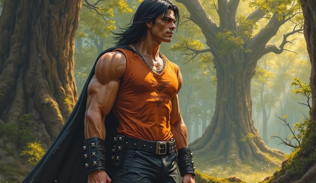 (masterpiece, ultra-detailed CG artwork with a high level of realism) A handsome man with piercing eyes, dark hair, and muscular build, armed with a sword, hunts a (seductive) succubus in a (atmospheric) dark forest with (glimpses of) supernatural elements (in the background).