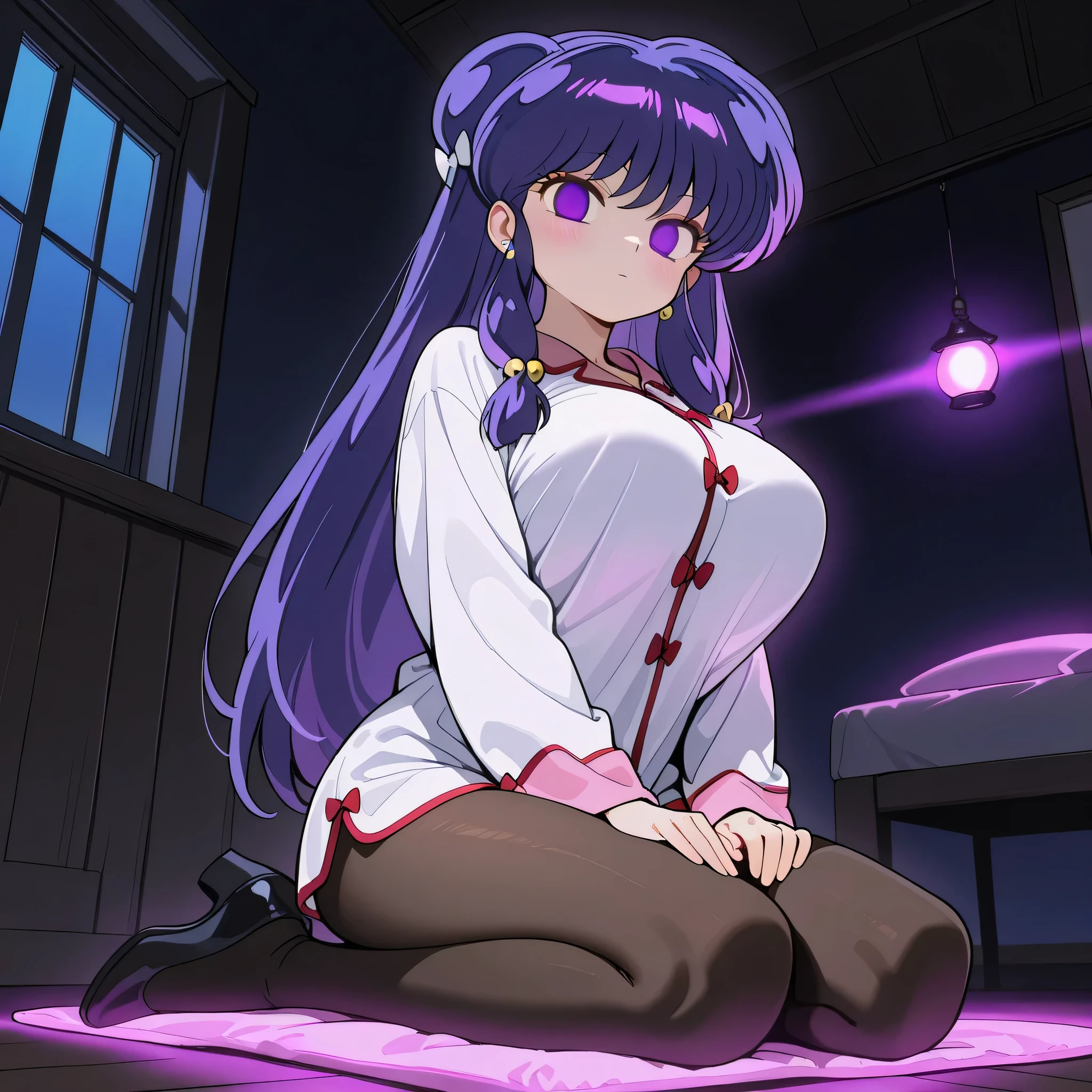 score_9, score_8_up, score_7_up, 1girl, solo, (top quality, 8k), high resolution, smooth, best quality, highly detailed, looking at viewer, bedroom at night, window with purple light, (dark room), ((from below)), huge breasts, covered breasts, glowing hypnotic waves in the background, at night, ((perfect hands)), beautiful hands, ((slim fingers)), expressionless, masterpiece, high quality, absurd resolution, beautiful hands, blush, hypnotic eyes, glowing purple eyes, empty eyes, long white shirt, Chinese pajamas, pajama shirt, naked shirt, boob tent, taut clothing, black pantyhose, kneeling on floor with legs together, perky breasts, high heels, being hypnotized, full body shot, v_arms, hands on knees, seiza, jewelry, earrings, Shampoo, Ranma 1/2, purple hair, very long hair, very thin legs, long legs