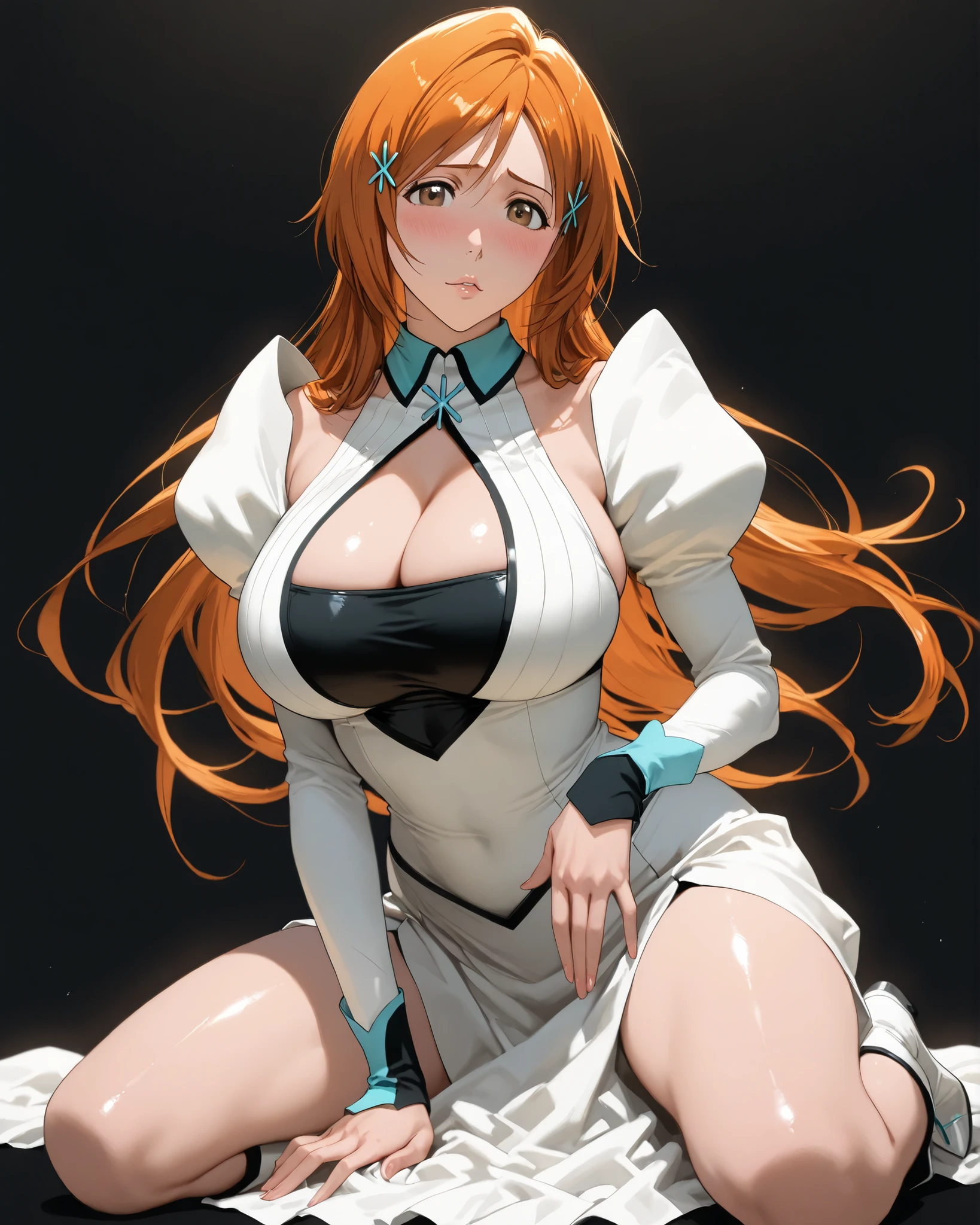 1 woman, orihime inoue, long light brown hair, big breasts, orange eyes, ((detailed eyes:1.2)), wearing micro bikini, sexy, sensual, sideboob, masterpiece, top quality, best quality, official art, beautiful and aesthetic:1.2), extreme detailed, colorful, highest detailed