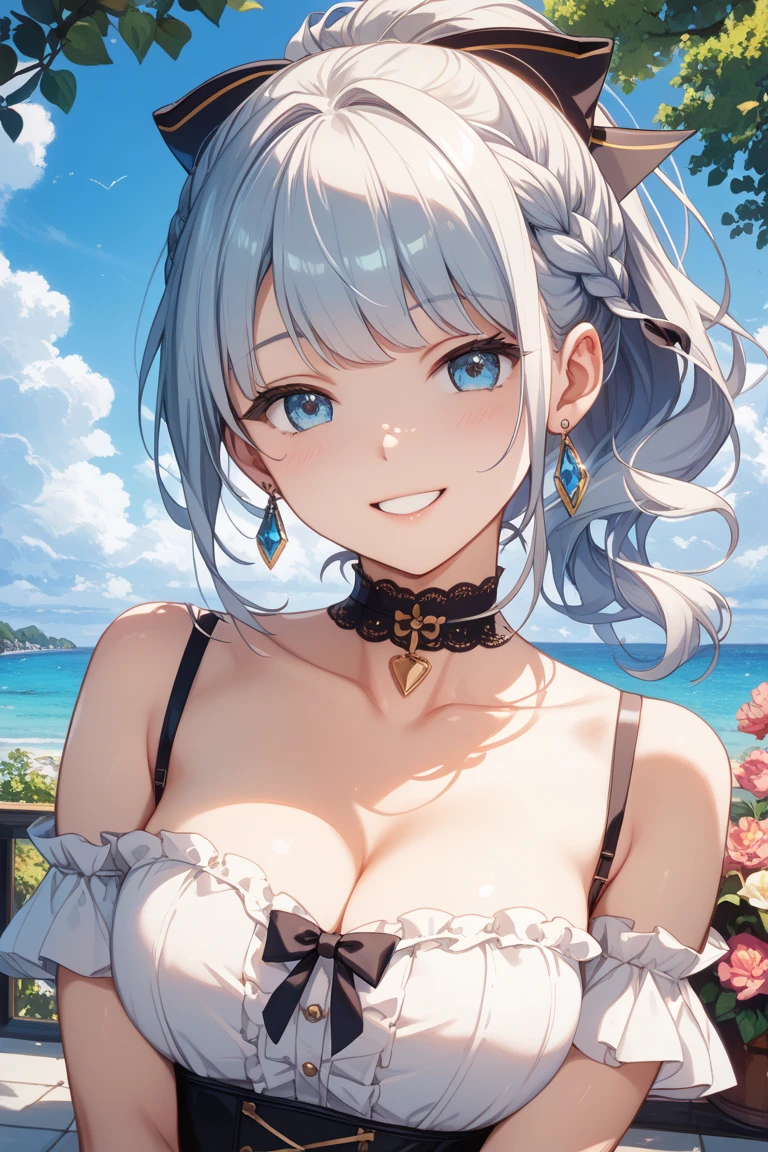 Tabletop Best image quality wonderful Attention to detail Portrait One Young Woman((Adult))Anime Style bikini(Maid) snow-white gloves(Elbow Gloves) White Pantyhose(Plain) Wolf Ears short hair((Shortcuts)(Gray Hair)(Curly Hair)(fluffy)) smile(Happy) Eye color is blue background(Seaside) Are standing