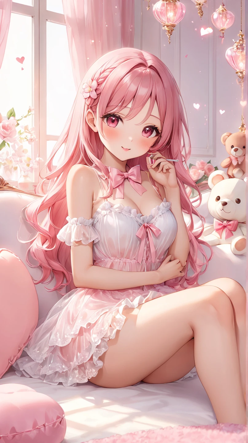 very cute female child:1.5,10 yo,Clothes with peach-colored ruffles:1.8, Barefoot, Summer,dutch angle shot,low angle,full body shot,medium shot,flat chest:1.5,nsfw:1.3, Cute PINK Living room:1.8,4K, (Raw photo: 1.2), (masutepiece: 1.3), (exquisite detailing: 1.2), Delicate and beautiful details, (Eye Detail), (Facial Detailed), (Highest Quality) :1.4), (Hyper-Resolution: 1.2),(very detailed illustration), Best Quality,depth of fields, Wide light, natural shadows