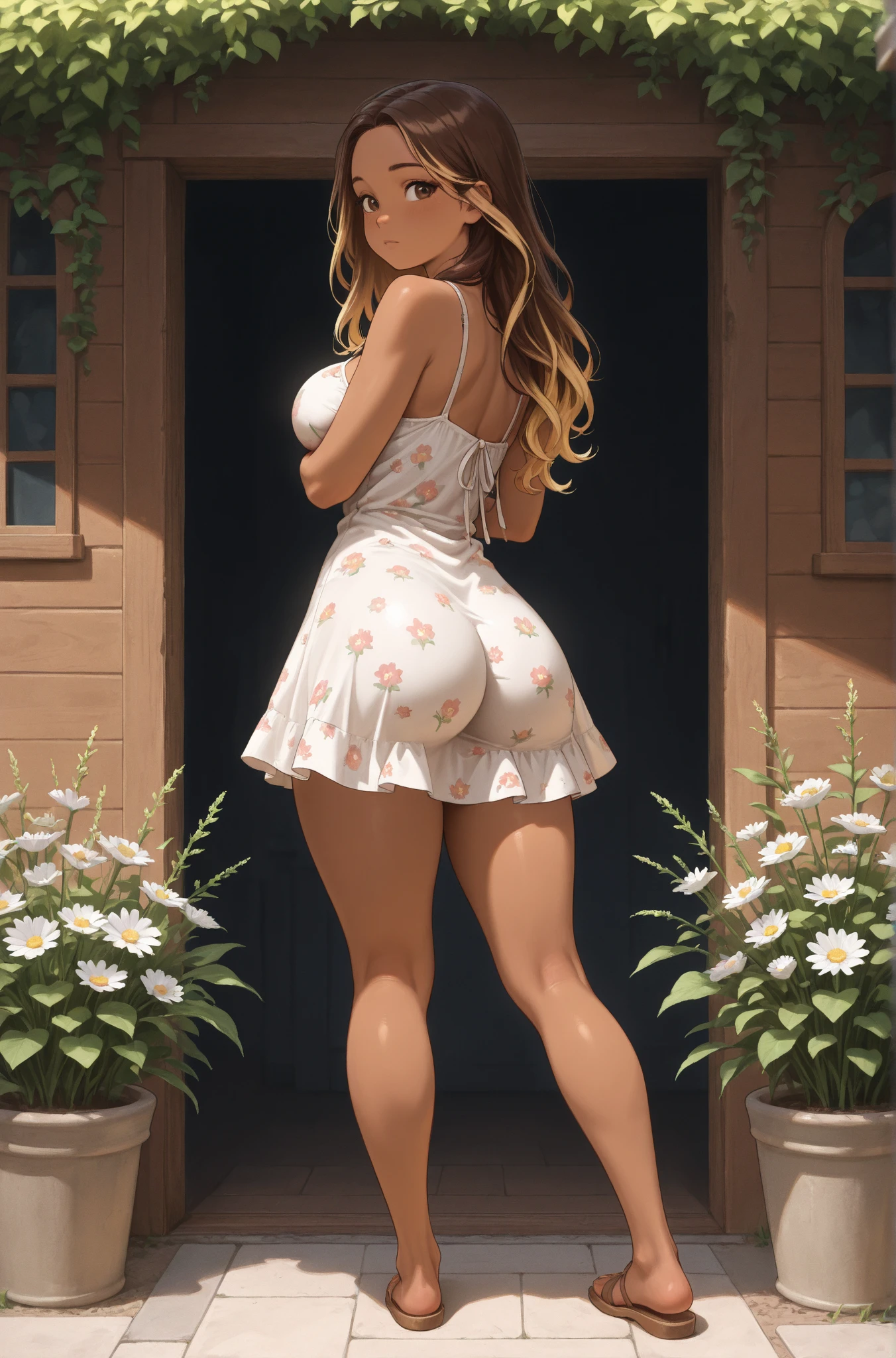 anime, beautiful face, highly detailed face, 2 accurate legs detailed eyes, highly detailed background, perfect lighting, accurate arms, accurate hands, accurate fingers, full body, 1girl, solo, ruby hoshino, oshi no ko, indoors, white detailed heels, white detailed thighhighs, outdoor, ina garden of flowers, absurdres, high res, ultrasharp, 8K, masterpiece, looking at viewer, elegant pose, (full body:1.4), smiling with compassion, teasing smile, detailed dress, patterned wedding dress, cleavage, standing, view from behind, ass view, looking over her shoulders