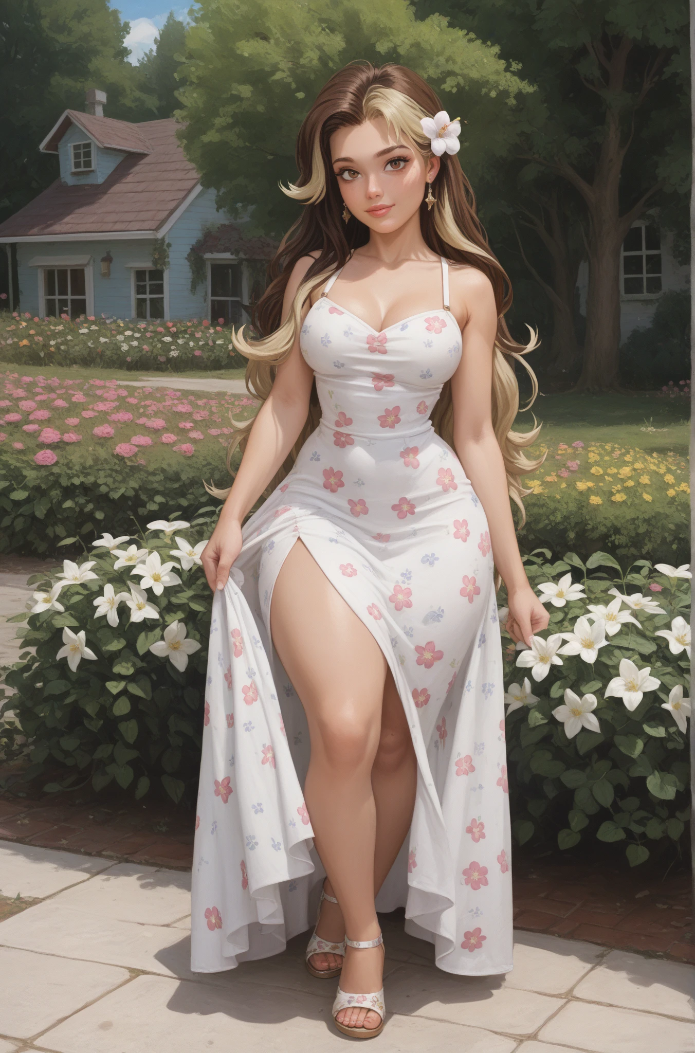 (((cowboy shot:1.5)))photo of a 30 years old (Merger_flajia_bloom),(facing front leaning back Looking at viewer, small waist, medium hips, (huge breast:1.5) ),((((Lush tropical jungle background overlooking a hidden beach))))), ,wide depth of field,( very long (blonde with pink streak hair):1.5) hair, (realistic:1.5), glossy lips, soft skin, elegant makeup,(evil grin), wearing , ornate, (shiny violet and Yellow), <lora:rc_20240110142903:0.69> rc,apron,cleavage,
