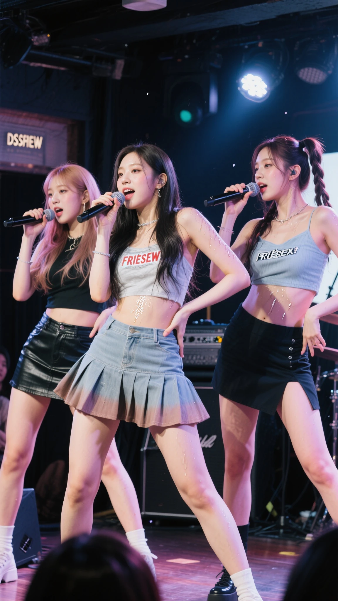 beauitful face、(Three Girls:1.5)、K-pop singer、(Dancing on the concert stage:1.6)、Cool jacket、(a miniskirt:1.4)、(with spreading legs:1.7)、(white panties:1.3)、(A detailed face)、(A detailed eye)、(Detailed lips)、make up、(At SFW:1.0)