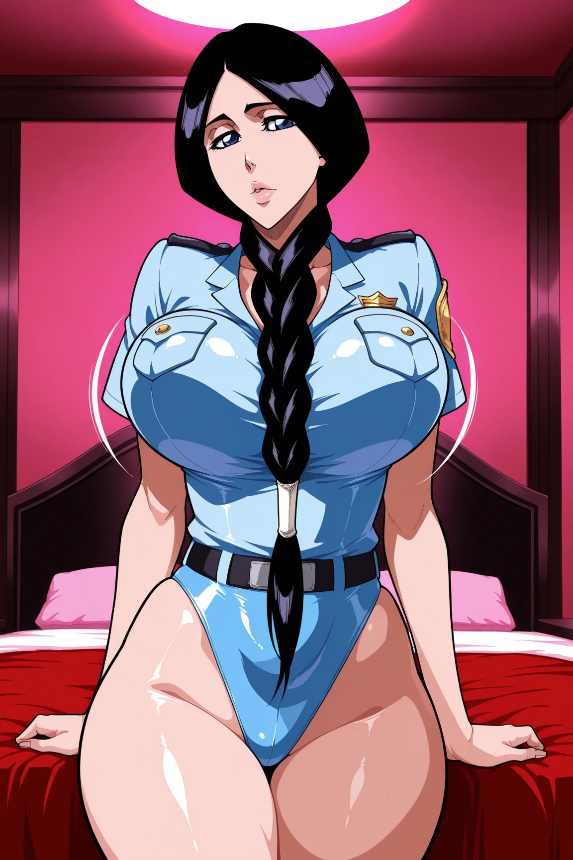 40-year-old woman with white skin, giant breasts with cleavage, wearing a (((police costume))) with a mini skirt and hat, wearing one over her eyes. huge thighs,, long black hair tied up, in a club full of lights, standing (dancing like a bitch),, highest resolution possible, wearing a disposable mask on my face, completely drunk