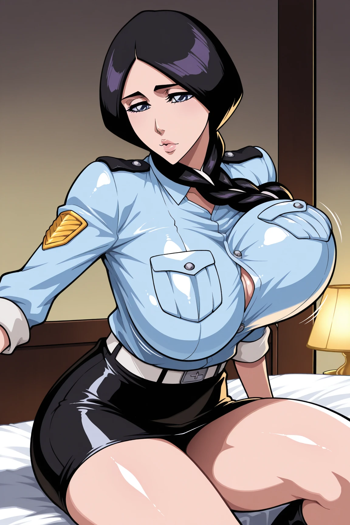 (frontal black braided hair), (policewoman), police station, (huge juicy breasts:1.2), (cleavage), (police uniform:1.2), milf, busty, slim stomach, wide hips, beautiful face, professional lighting, glistening skin, high quality, (seductive pose:1.2)