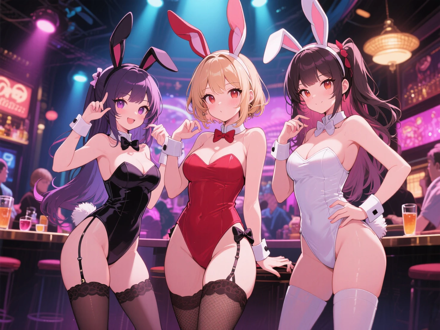 (Highest quality、highest quality、4K,,View from below:1.8、Shooting from the feet、Gravure idol、Very flashy、Playboy Bunny、Blonde),A super luxurious suite with a full glass wall and a night view、whole body、Huge saggy breasts and loose ass(Super big boobs)、Flabby belly、Fat body、(Playboy Bunny)、