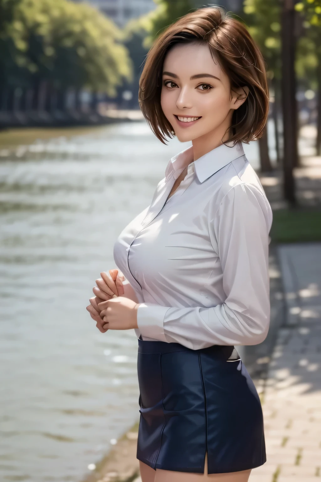 (masterpiece:1.2, Highest quality), (Realistic, photoRealistic:1.4), Beautiful works, (Natural Lighting, Cinema Lighting),
View your audience, Cowboy Shot, Front view, 1 girl, middle aged, Perfect Face, Beautiful symmetrical face, (Sunburn),
(short hair), (Missile Chest:0.6, Captivating thighs),
Beautiful Hair, Beautiful Face, Beautiful attention to detail, Beautiful body, Beautiful breasts, Beautiful thighs, Beautiful legs, Beautiful fingers,
((red long sleeve collared shirt, navy blue miniskirt)),
(Beautiful views), evening, River side, walk, (Cute Smile)