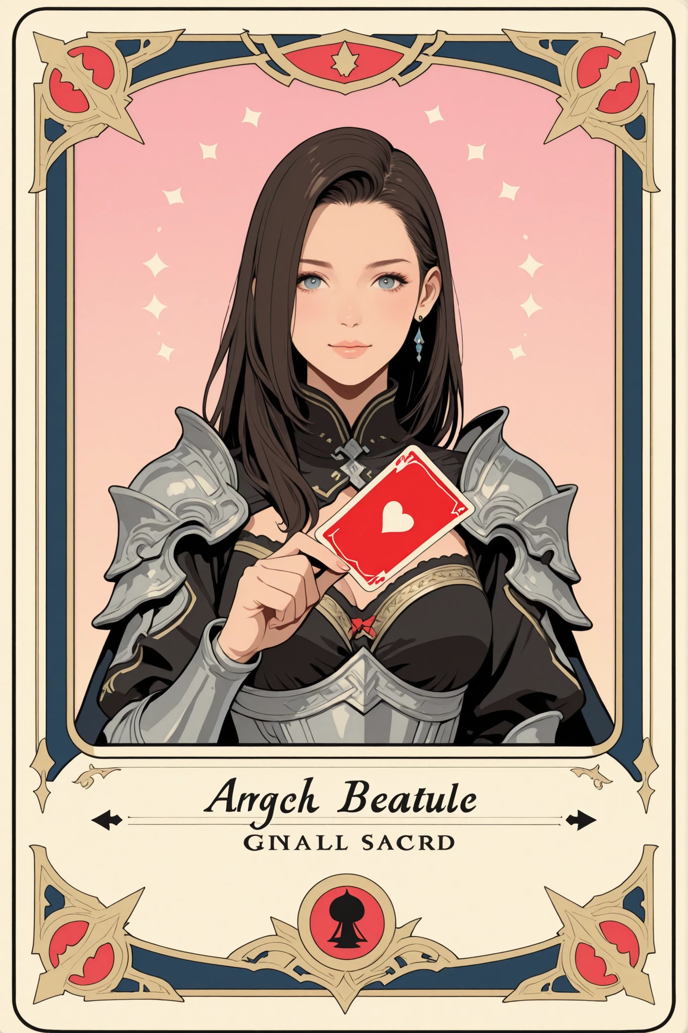 A beautiful card game card, with a beautiful warrior printed in the Final Fantasy aesthetic and style.