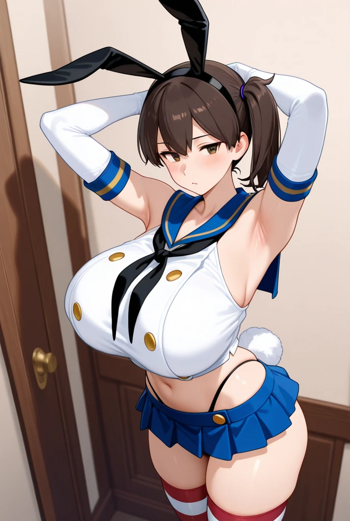 Facing the screen, leaning-forward, exhibitionism, big breasts exposed cleavage, There are many holes for sailor suits, There is a rank on the hat, There is a small amount of white paint on the chest