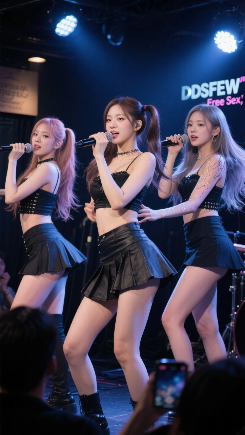 Girl group IZone, topless, no underwear, on the stage, breast grab, show pussy, korean, urinating, lift skirt, cute, small breasts, pussy juice