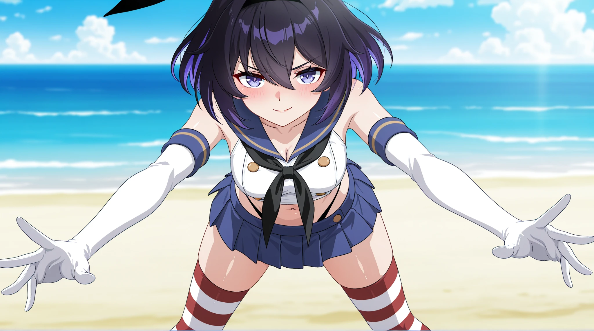 NSFW, Top-quality, Super high resolution, Anime style, masterpiece, Purifier, 1girl, solo, light purple hair, Very long ponytail, black gloves, black shorts, crop top, black and yellow hair clip, headgear, midriff, sailor collar, sailor shirt, short sleeves, yellow neckerchief, micro shorts, black sailor collar, thigh boots, Big boobs, Voluptuous, Plump, Chubby, Thick thighs, Big ass, yellow color eyes, Eyes are glowing, Beautiful eyes, To open one's eyes wide, Evil smile, cowboy shot, Fullbody, Looking at viewer, On the sea