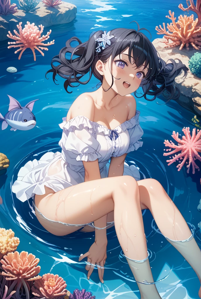 (8K、RAW photo、highest quality、masterpiece:1.2)、detailed background、beautiful and detailed face、beautiful and smooth skin、skin texture、professional lighting、cute girl,ponytail,(big breasts:1.2), wet white thin babydoll, (big breasts:1.2)、sexual expression, panty shot, I can see through my clothes,Lying on the beach、emphasize the chest、Whole body gets wet、smile、Show 1'~ side、open your legs