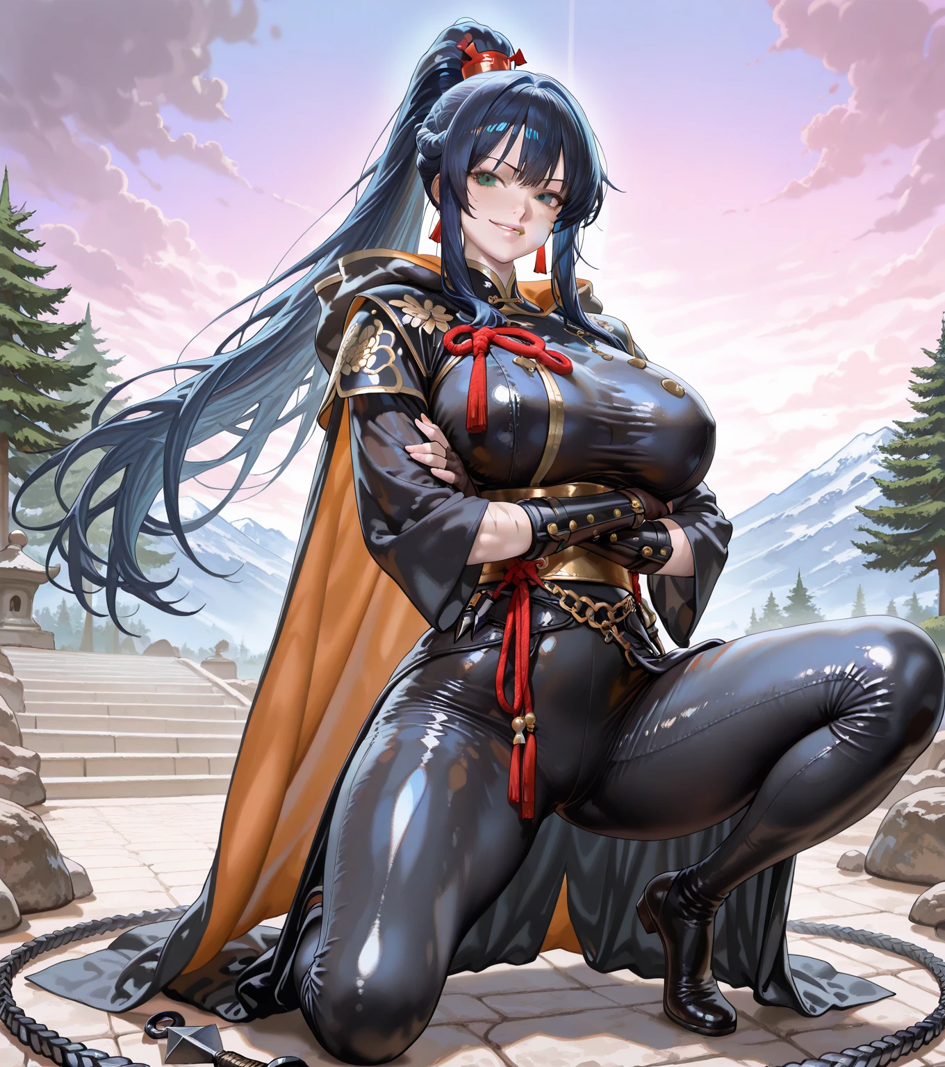 (high resolution, pixel perfect, gorgeous illustrations), (hyper quality, muste piece, etheric: 1.4), ((1girl)), ((nsfw)), (((((spread legs))))), cool atmosphere, long black hair, ((Exquisite face)), ((orgasm)), (((((((muscular))))))), ((thick thighs)), (((wide hips))), ((Big breasts that are about to burst)), fighter, (((wh_chi_armor))), ((black_zentai, black_bodystocking)), see through, ((cameltoe)), shiny skin, gleaming skin, sweat, simple background,