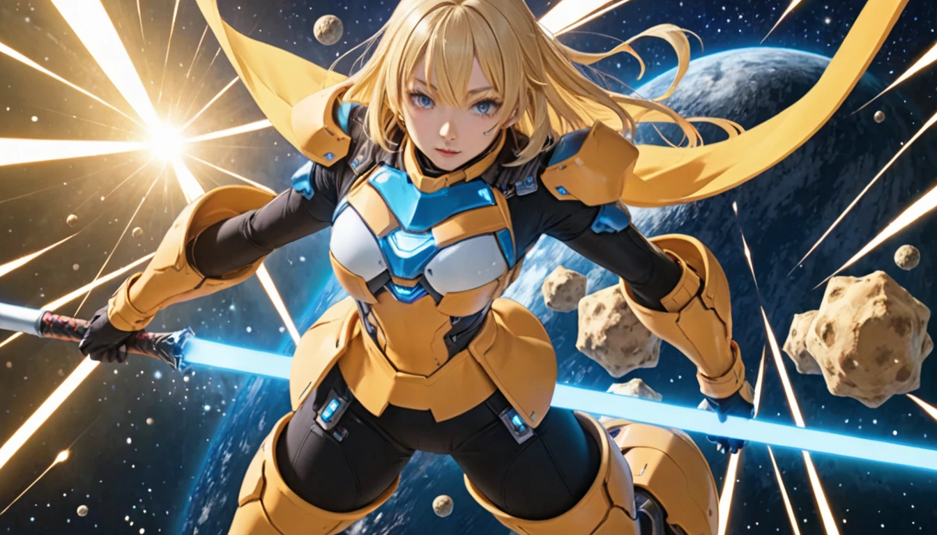 (anime,masterpiece, top quality, best quality,beautiful and aesthetic:1.2,professional illustrasion:1.1,ultra detail:1.3, official art, professional illustrasion, Ultra-detailed depiction, Ultra-precise depiction, extremely detailed 8k illustration, highres, ultra detailed painting, soft shadows), (girl), samus aran \(cosplay\), cool beauty, milf, glossy, (golden long hair), (ponytail), big breasts, perfect body, pubic hair, blue samus aran suit,