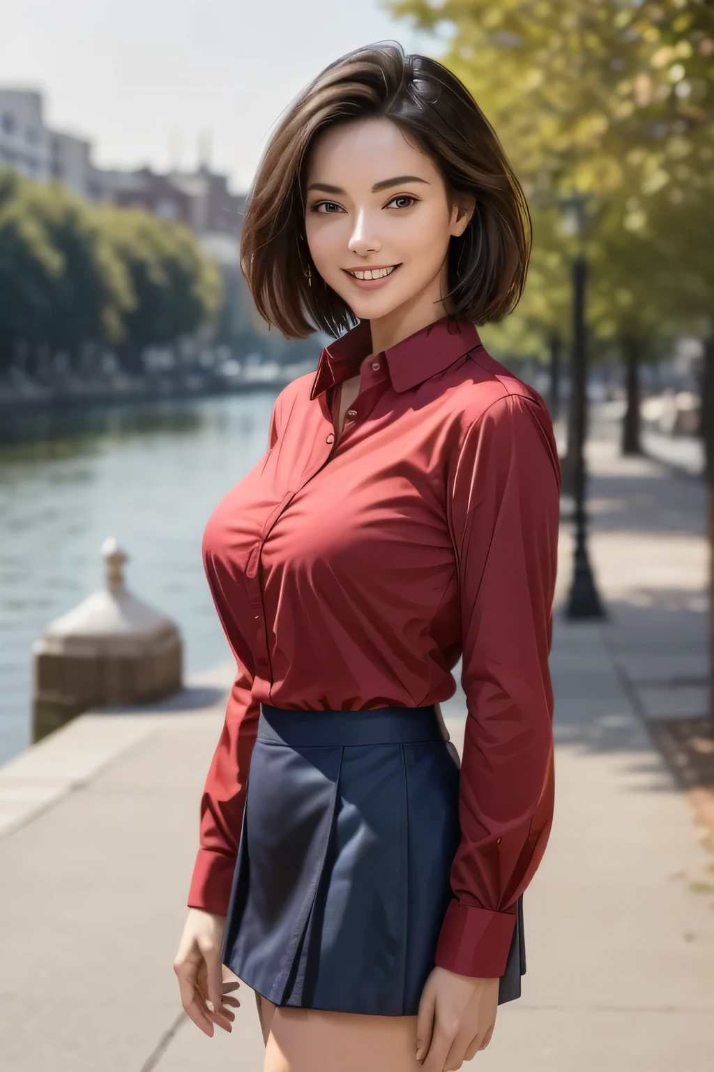 (masterpiece:1.2, Highest quality), (Realistic, photoRealistic:1.4), Beautiful works, (Natural Lighting, Cinema Lighting), 
View your audience, Cowboy Shot, Front view, 1 girl, middle aged, Perfect Face, Beautiful symmetrical face, (Sunburn), 
(short hair), (Missile Chest:0.6, Captivating thighs), 
Beautiful Hair, Beautiful Face, Beautiful attention to detail, Beautiful body, Beautiful breasts, Beautiful thighs, Beautiful legs, Beautiful fingers, 
((red long sleeve collared shirt, navy blue miniskirt)), 
(Beautiful views), evening, River side, walk, (Cute Smile)