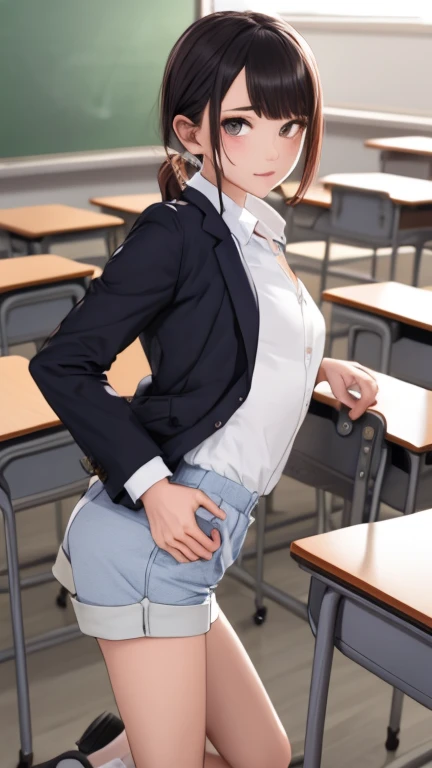 (masterpiece,Highest quality:1.3,best quality illustration),realistic,cowboy shot,1woman,30 year old Japanese beauty,((very small head:1.4)),short bob hair,brown hair,bangs,brown eyes,gorgeous eyes,shy,Heavy breathing,((Dark blue blazer jacket、White Shirt、Blue tie、Navy blue mini skirt、black thighhighs)),Naval Officer Uniform,small breasts,((very long body:1.4,tan skin:1.3)),(toned body,slender body,skinny),gleaming skin,shiny skin,Love juice dripping on thighs:1.5,standing,conference room、Naval Base、
