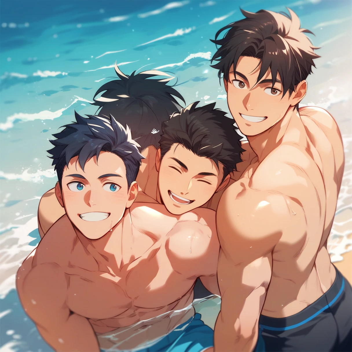 4boys、Highest quality、High resolution、Super detailed、perfect anatomy、(muscular male:1.3)、(father:0.2)、15yo、nipple piercing、gay、Blue Hair、Blonde、Black Hair、Gray Hair、Red hair、Short Hair、Sports haircut、short hair、Brown skin、(sweat:1.3)、steam、Beach、Wearing a swimsuit、Embarrassed face、ass pov
