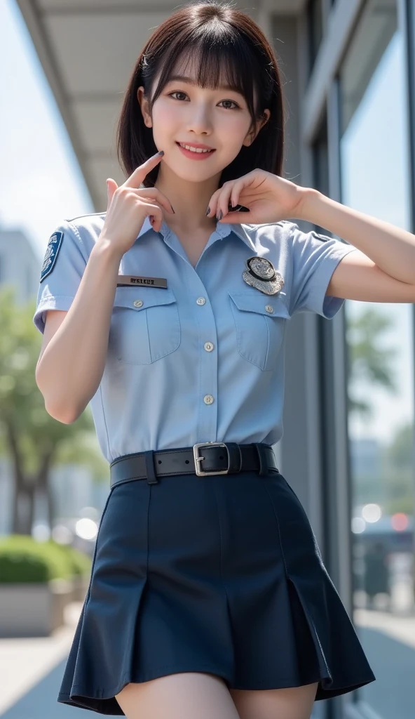 highest quality, table top, ultra high resolution, (realistic:1.4), Raw photo, 1 girl, (((Police uniform miniskirt and baton))),hat,Pistol holder on inner thigh,Uniform with wide open chest, sparkling eyes,long pony hair, indoor, Summer day,fine eyes,(realistic eyes),delicate face,real skin,thin hair,fine skin,beautiful face,smile、middle chest,
