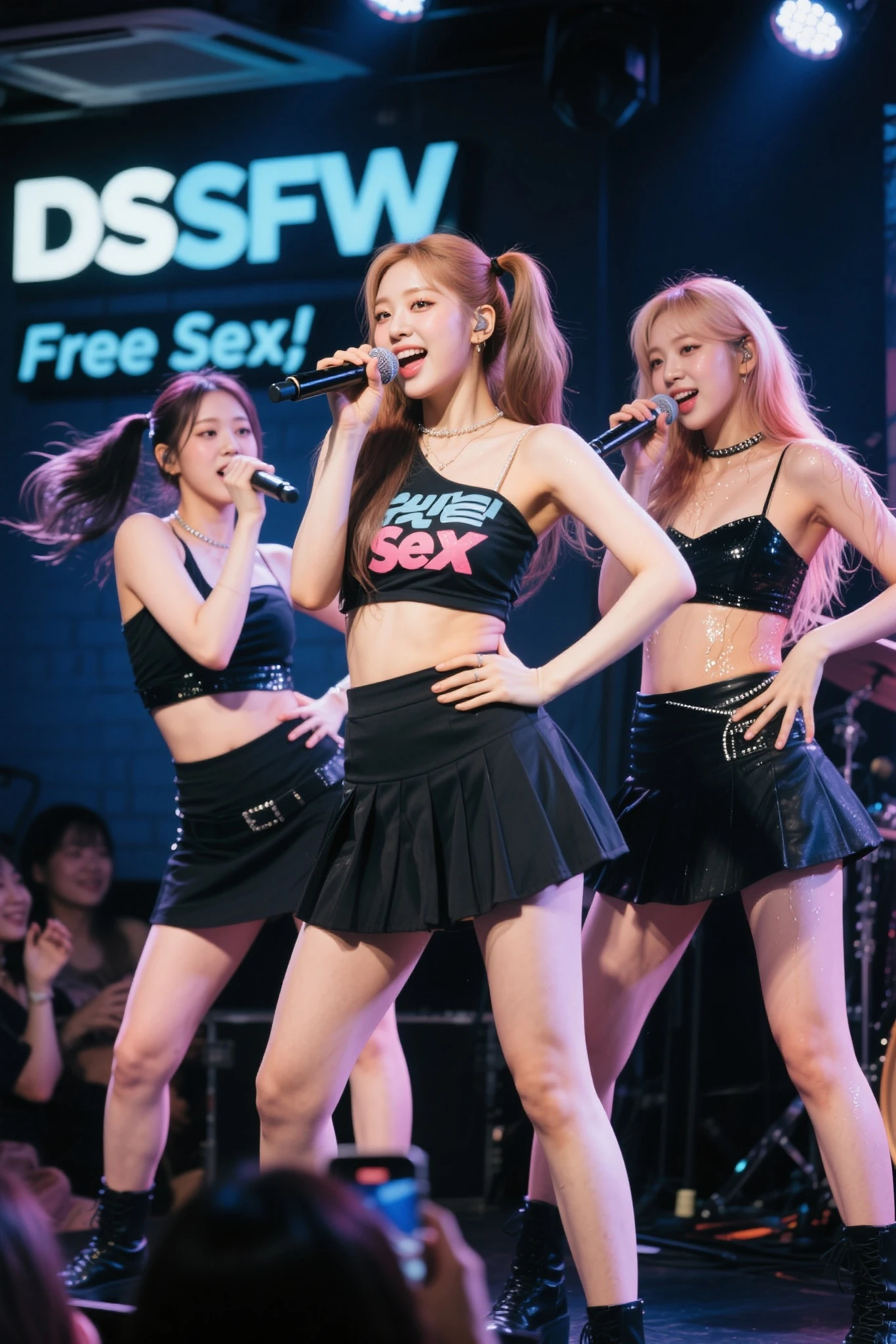 The only 16 year old beautiful girl idol、NSFW、Super detailed、High resolution、transcendental beauty highest quality、masterpiece、Wear knee sockajimix Real、(RAW photo:1.2)、(Photoreal:1.4)、beauty in details、and delicate expression、On the concert stage、(The idol's cute pink costume is torn、I can see your nipples:1.5)、Pink Idol Costume、pleated skirt、microphone、blonde、Sweat、Bright and colorful medium hair、((you can see me))、(squat)、eyelash、sparkling eyes、glossy lips、beautiful and detailed eyes、((Japanese cute idol))、very detailed expression、highly detailed face、movie lighting、positive、((dynamic pose))、((open stance))、(You can see her pussy through the super miniskirt:1.8), Idol sparkly costumes、(Accurately represents the shape of the female genitals:1.5), (Detailed depiction of the labia minora, vaginal opening, Detailed depiction of the clitoris:1.5), (Open your legs and see my pussy:1.8)、(microphoneを持って喘ぐ:1.8)、thin legs、(show me your pussy、get sexually excited:1.7)、Panting with sexual pleasure、(Feel the climax of ecstasy:1.6)、Open your mouth wide and scream、shame、Her cheeks flushed slightly、heartbreaking cry、angle from below、transparent liquid flows