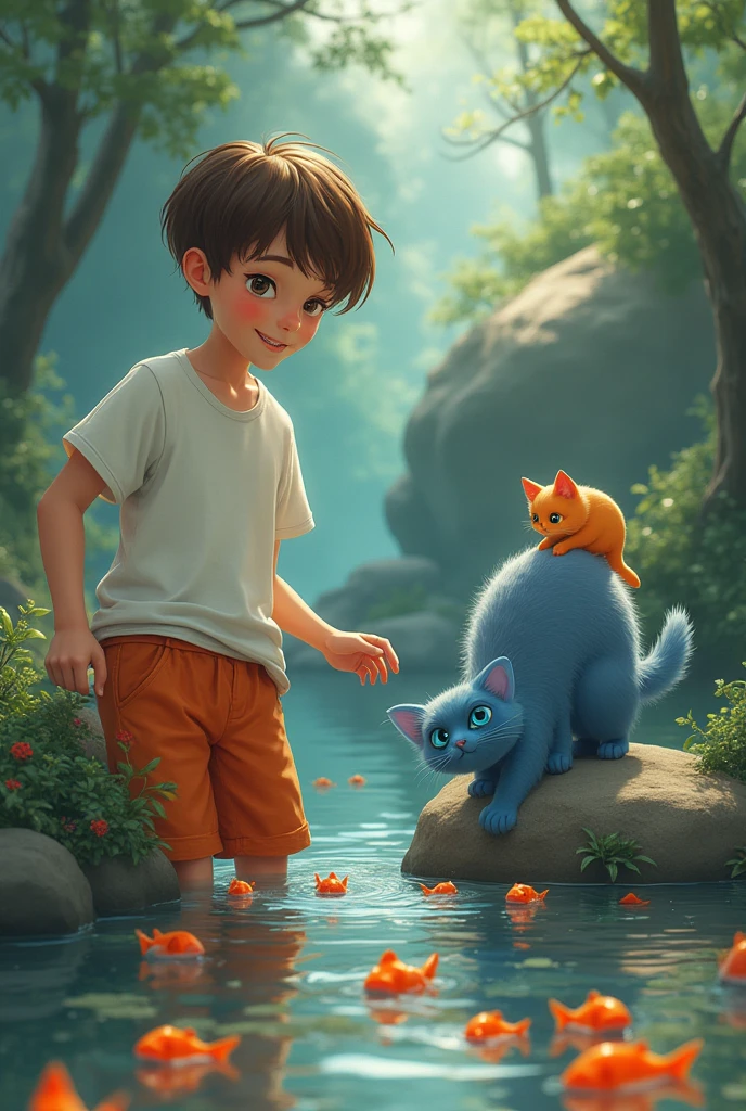1 boy with gray hair almost white, bright green eyes, pale skin, with ears and cat tail sitting on the edge of a boat, dressed in a white t-shirt a little baggy and a light brown shorts, without shoes and a small aspect to a Greek demi-god.