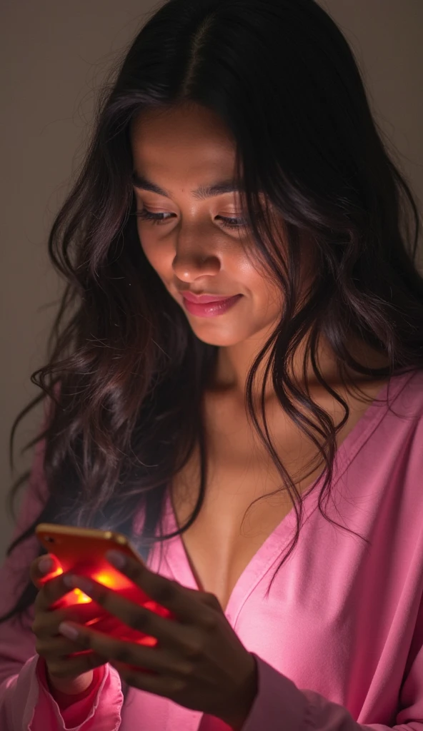 Me wife sleeping peacefully watching instagram in her phone smiling wearing printed mazeta colour saree looking hot without blouse and braid hair style