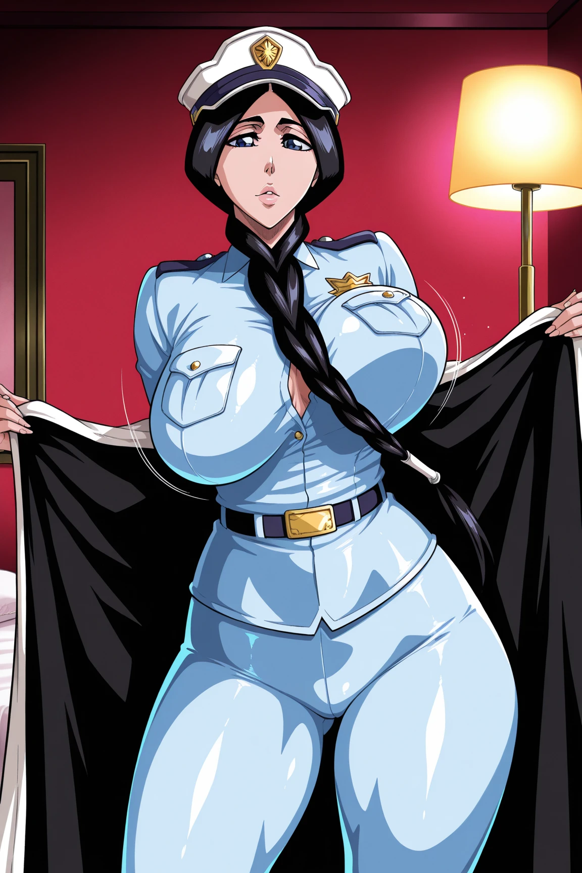 (masterpiece, best quality, ultra detailed, absurdres, looking at viewer)1.5, 1girl, (sexy, beautiful woman, perfect face, perfect eyes, perfect female body)1.5, (JuliaBloodstone, short hair, earrings, black hair, red eyes, mature female, milf, extremely detailed clothes, smile, white uniform, black gloves, white pencil skirt, black pantyhose, thigh boots, white cape, ), (standing, futuristic interior), night, smooth, hdr,