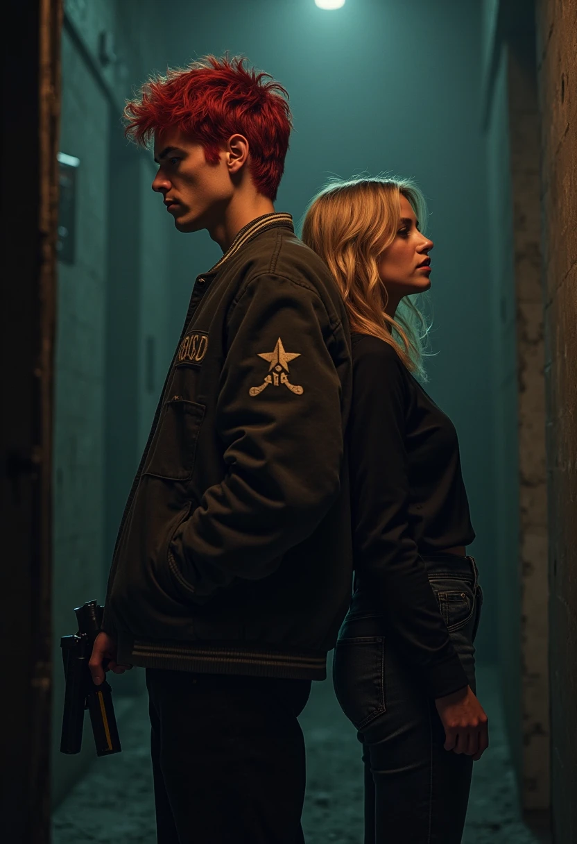 Tall blonde boy with blue eyes next to a red-haired girl with brown Chinese eyes pointing a gun at each other