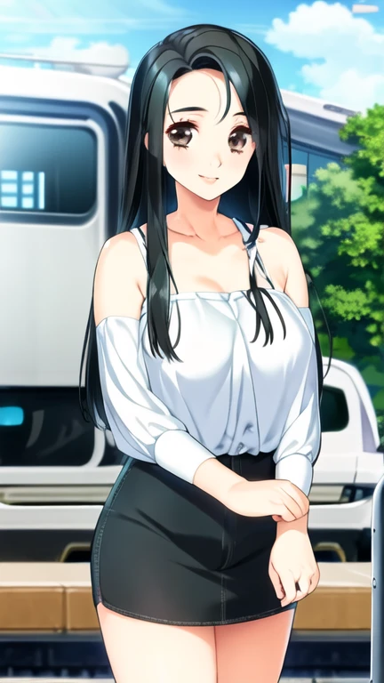 Natsuko Masaki Natsuko Masaki | Doukyuusei Remake Classmate Remake, masterpiece, best quality, beautiful mature woman with white purse standing between train posts in subway, 1girl, bag, solo, breasts, handbag, coat, smile, scarf, ,long straight hair, black hair, brown eyes, left forehead hairstyle, long-slitted and narrow eyes, slender face, medium breasts, slender body, beautiful tits, beautiful ass