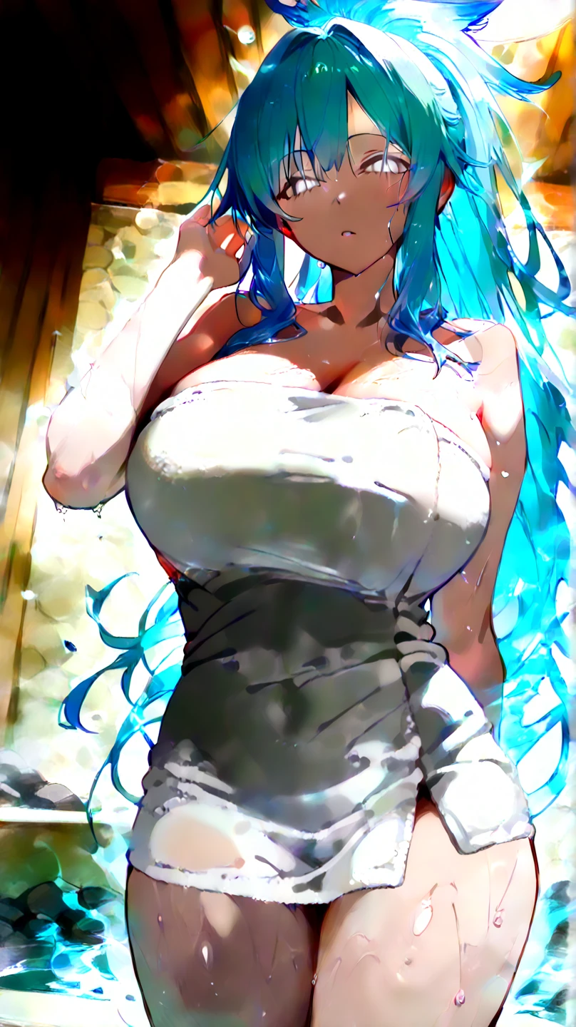 (Masterpiece, BestQuality:1.3), (ultra detailed:1.2), (hyperrealistic:1.3), (RAW photo:1.2), High detail RAW color photo, professional photograph, (Photorealistic:1.4), (realistic:1.4), professional lighting, perfect anatomy, (Big Breasts, (The underboob is visible:1.1):1.5), (blush, detailed face), (cheerful Smile:1.5), (Blue Hair:1.5), Trending Hair&Trending Hairカラーをランダムに, earrings, necklace, bracelet, sexly, erotic sexly, Random sexy gravure poses, (A topless beauty、Smiling sexy with a towel draped over her shoulders against the beach sunset。With long wavy hair、Sexy pose lying on the beach。: 1.3)