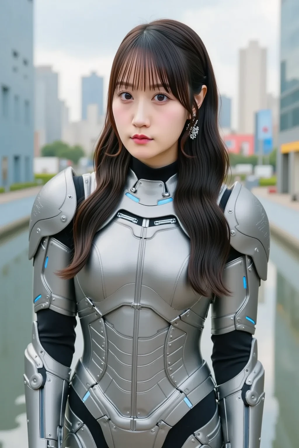 Masterpiece, 1 Beautiful Girl, Detailed, Swollen Eyes, Top Quality, Ultra High Resolution, (Reality: 1.4), Original Photo, 1Girl, Cinematic Lighting, Smiling, Japanese, Asian Beauty, Korean, Clean, Super Beautiful, Little Young Face, Beautiful Skin, Slender, Cyberpunk Background, (ultra realistic), (high resolution), (8K), (very detailed), (best illustration), (beautifully detailed eyes), (super detailed), (wallpaper), (detailed face), viewer looking, fine detail, detailed face, pureerosfaceace_v1, smiling, 46 point slanted bangs, looking straight ahead, neat clothes, black colored eyes, silver armor, armor, short navy blue skirt, hair color red, body facing front,