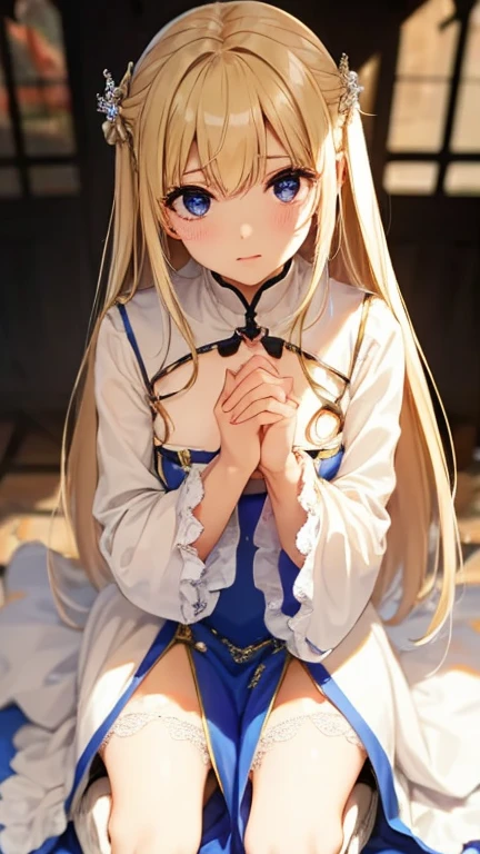 safe for work, best quality, 1 girl, female figure, yellow hair, blunt bangs, extra long hair, crystal blue eyes, indoors church, marble floor, golden blonde hair, cowboy shot, voluminous hair, wavy hair, cute girl, (medium small breasts), (young female body: 1.4), white dress, long white dress, flowy dress, long sleeves, flowing dress, lying on the stone floor, lying on backside, human sacrifice, looking from above, bird eye view, crying, tears, scared expression, marble floor