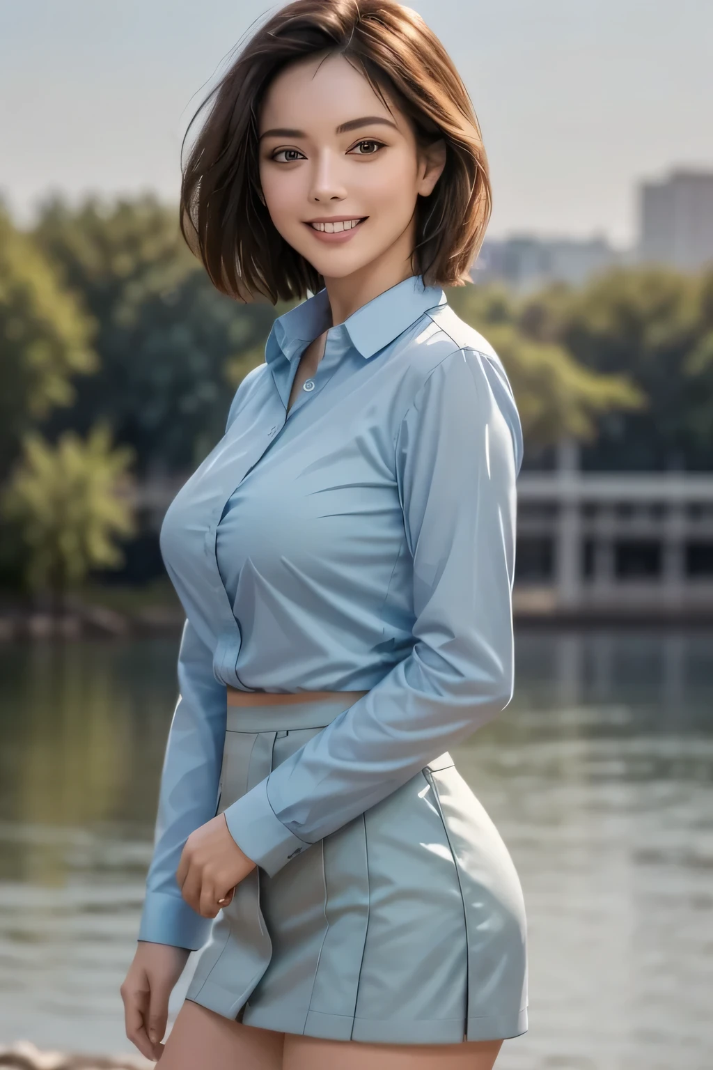 (masterpiece:1.2, Highest quality), (Realistic, photoRealistic:1.4), Beautiful works, (Natural Lighting, Cinema Lighting), 
View your audience, Cowboy Shot, Front view, 1 girl, middle aged, Perfect Face, Beautiful symmetrical face, (Sunburn), 
(short hair), (Missile Chest:0.6, Captivating thighs), 
Beautiful Hair, Beautiful Face, Beautiful attention to detail, Beautiful body, Beautiful breasts, Beautiful thighs, Beautiful legs, Beautiful fingers, 
((light blue long sleeve collared shirt, navy blue miniskirt)), 
(Beautiful views), evening, River side, walk, (Cute Smile)