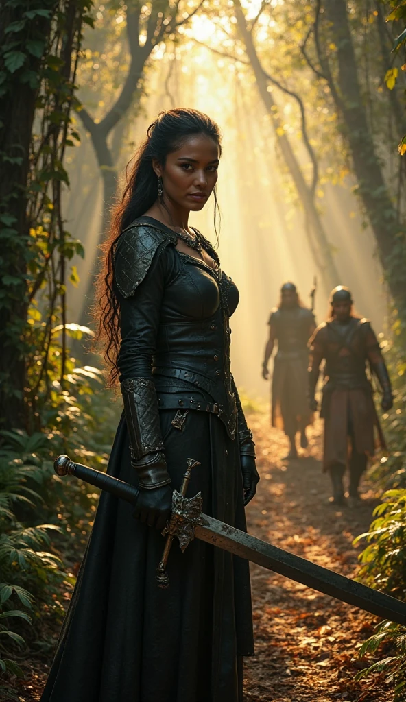 Imagine a striking oil painting, the brushstrokes bold and confident, the colors rich and deeply saturated. The painting depicts a fierce female warrior, her armor glinting in the light, as she stands tall and unafraid in the face of a monstrous creature.
The scene is set in a dark and twisted forest, the trees gnarled and twisted, their branches reaching out like clawed hands. The air is thick with mist, and the shadows are deep and menacing. The warrior's face is set in determination, her hand resting on the hilt of her sword, ready for battle.
The lighting is dramatic, the sun breaking through the canopy of twisted branches, casting dappled light on the warrior's face and armor, highlighting her strength and bravery. The monster is bathed in shadows, its form barely visible, its eyes glowing with an otherworldly light. The tension is palpable as the warrior and the monster face off in a showdown that will decide the fate of the forest and its inhabitants