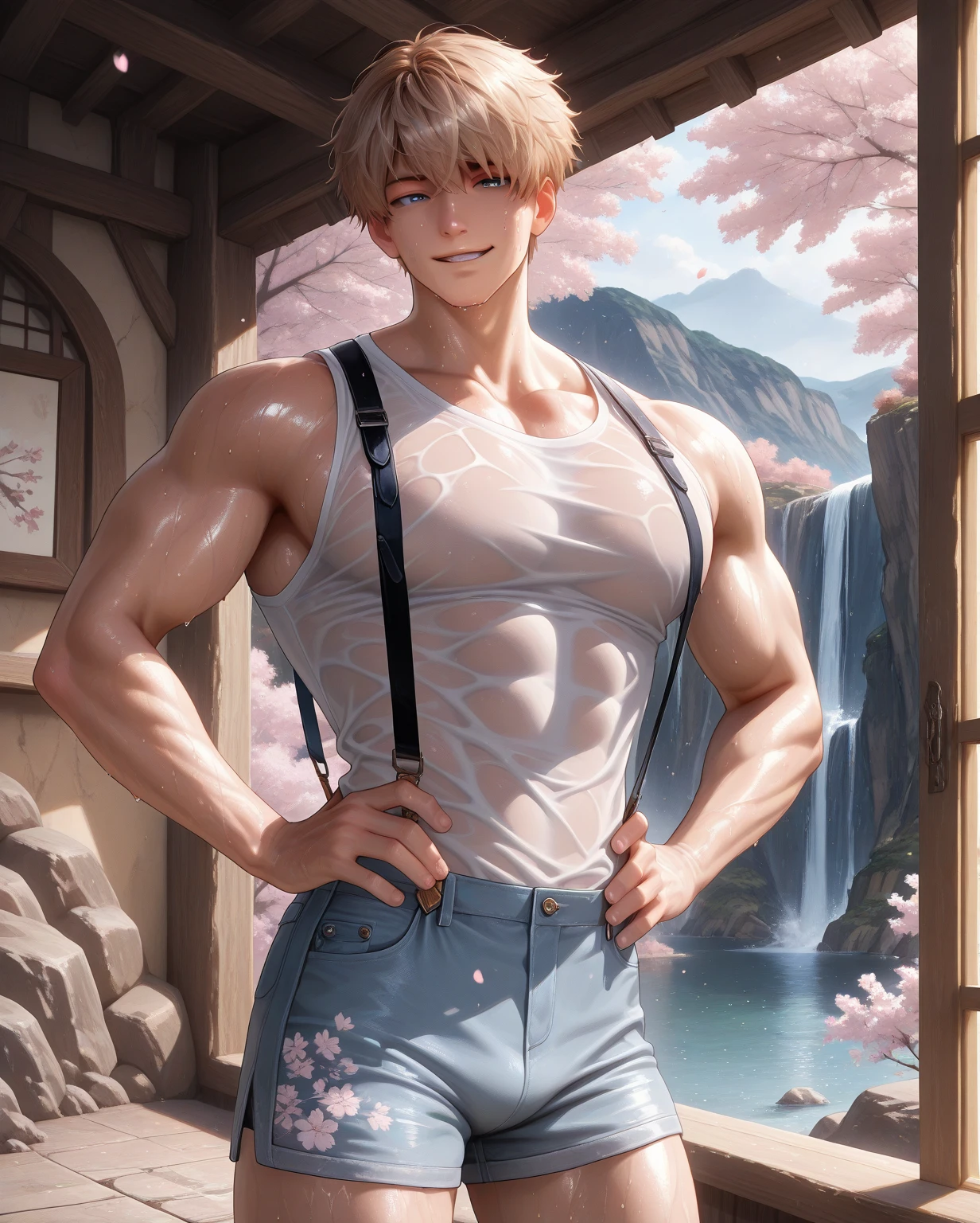 1 male, handsome Japanese male model, high resolution 4k, adult, semi realistic, perfect face detail, detailed eyes and face, muscular, white eyebrow hair, white eyelashes, Naked torso, Detailed face, perfect face, real skin texture, detail Perfect hand, details, Real and complete hand details, unreal engine, hd picture, satoru gojo, Jujutsu kaisen, white hair, short hair ,hair between eyes ,blue eyes, white skin, background of farm place