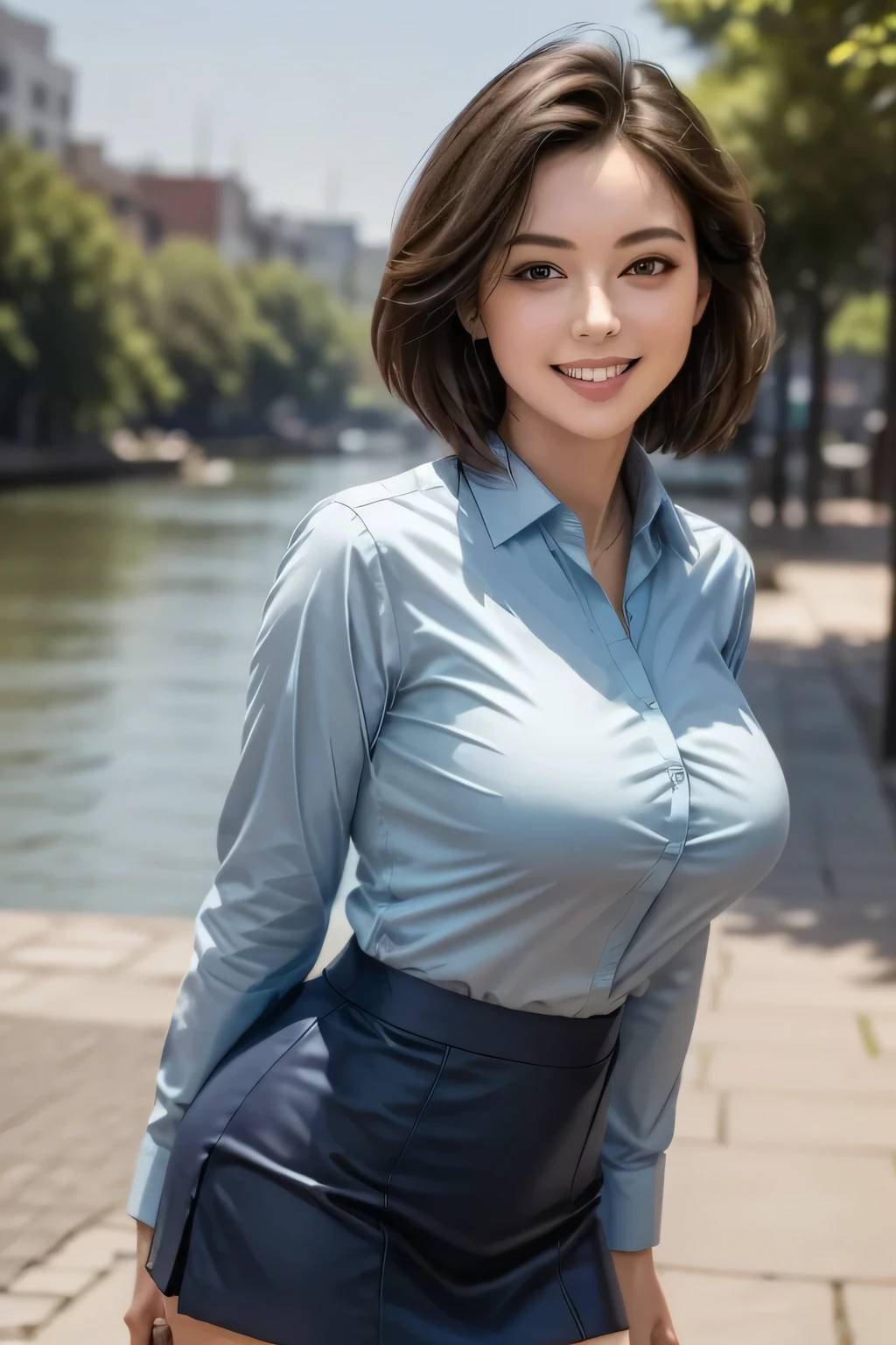 (masterpiece:1.2, Highest quality), (Realistic, photoRealistic:1.4), Beautiful works, (Natural Lighting, Cinema Lighting),
View your audience, Cowboy Shot, Front view, 1 girl, middle aged, Perfect Face, Beautiful symmetrical face, (Sunburn),
(short hair), (Missile Chest:0.6, Captivating thighs),
Beautiful Hair, Beautiful Face, Beautiful attention to detail, Beautiful body, Beautiful breasts, Beautiful thighs, Beautiful legs, Beautiful fingers,
((light blue long sleeve collared shirt, navy blue miniskirt)),
(Beautiful views), evening, River side, walk, (Cute Smile)
