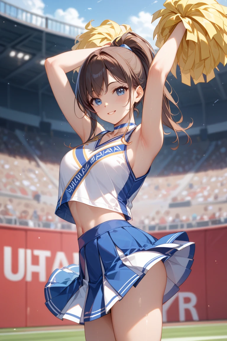 (((Best Quality, 8k, photo realistic:1.4, Masterpiece))), sasha grey, nsfw, back Lighting, highly detailed facial textures women, 18yo, (((white Cheerleader:1.2))), ((Stadium Background: 1.2)), arm up, beautiful make up, black eyes, smile, open mouth, shiny brown messy short hairstyles, squat pose, cowboy shot