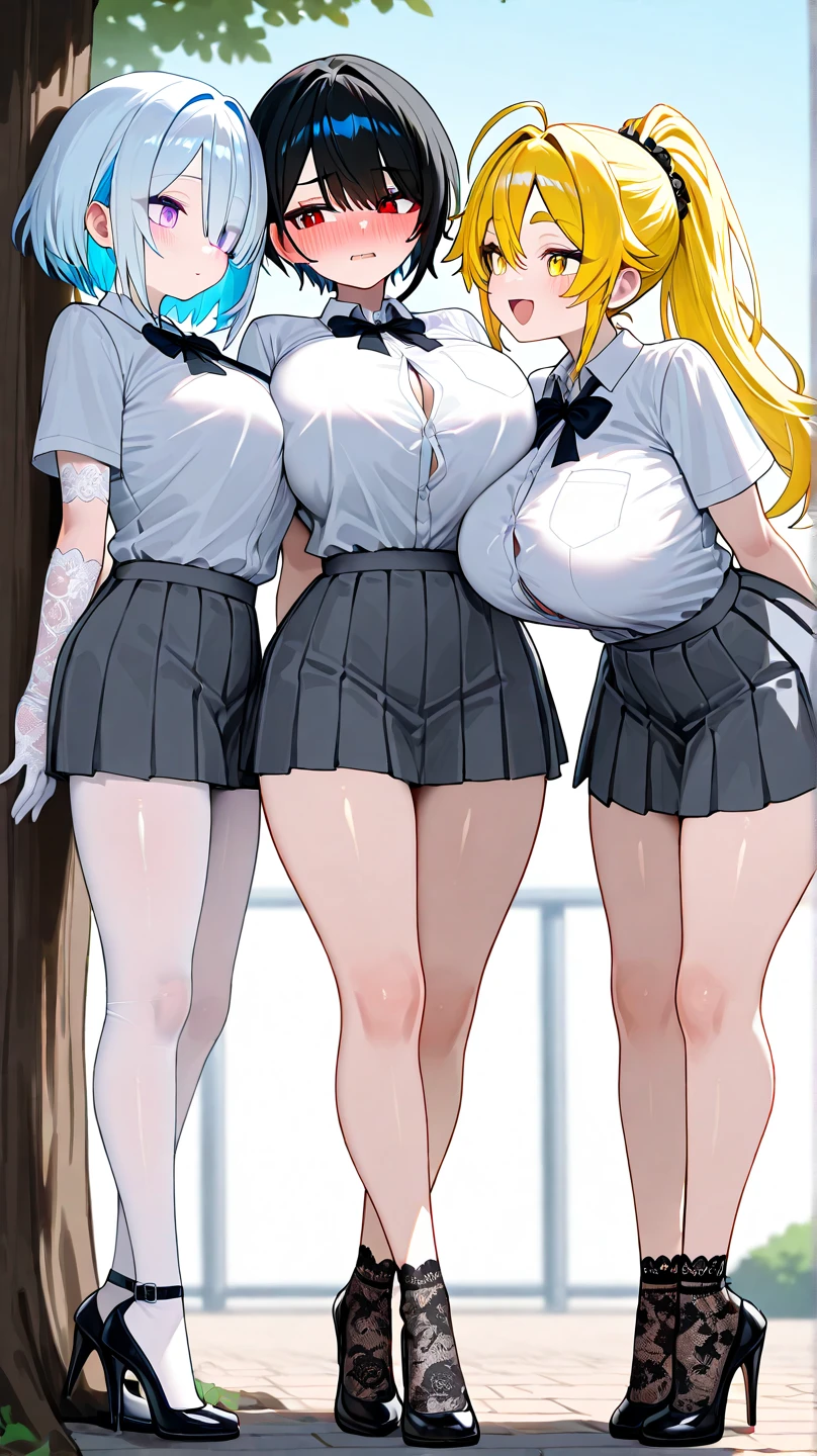 ((adult woman with 2 naked women walking)),(long black hair, smile)),((hairy pussy, very large pussy piercing, chest piercing, big breasts, hugged with a kiss,((younger girl , with very long yellow hair, very small breasts,, mini skirt without panties, open shirt))), at the door of the house,